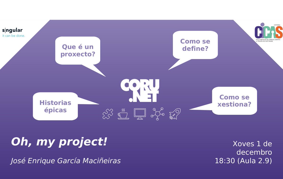 Cátedra CICAS (@catedracicas) on Twitter photo Estás comezando o teu TFG/TFM?
Tes por diante unha práctica na que vos tedes que coordinar varias persoas?
Interésache o que José Enrique, líder OS3 (Open Source Software Solutions) en <a href="/Corunet/">Corunet by SNGULAR</a> vai contar este xoves na <a href="/FIC_UDC/">Facultade de Informática da UDC</a>, sobre a vida dos proxectos sw.
Non o perdas! Estás comezando o teu TFG/TFM?
Tes por diante unha práctica na que vos tedes que coordinar varias persoas?
Interésache o que José Enrique, líder OS3 (Open Source Software Solutions) en <a href="/Corunet/">Corunet by SNGULAR</a> vai contar este xoves na <a href="/FIC_UDC/">Facultade de Informática da UDC</a>, sobre a vida dos proxectos sw.
Non o perdas!
