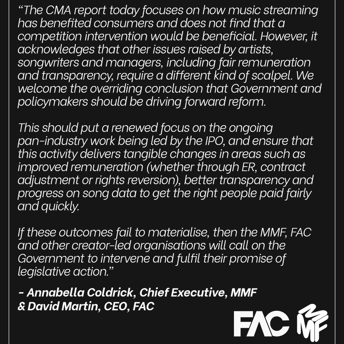 Today the Competition and Markets Authority (CMA) has published its music and streaming market study final report. Read the FAC &amp; MMF statement on the report.