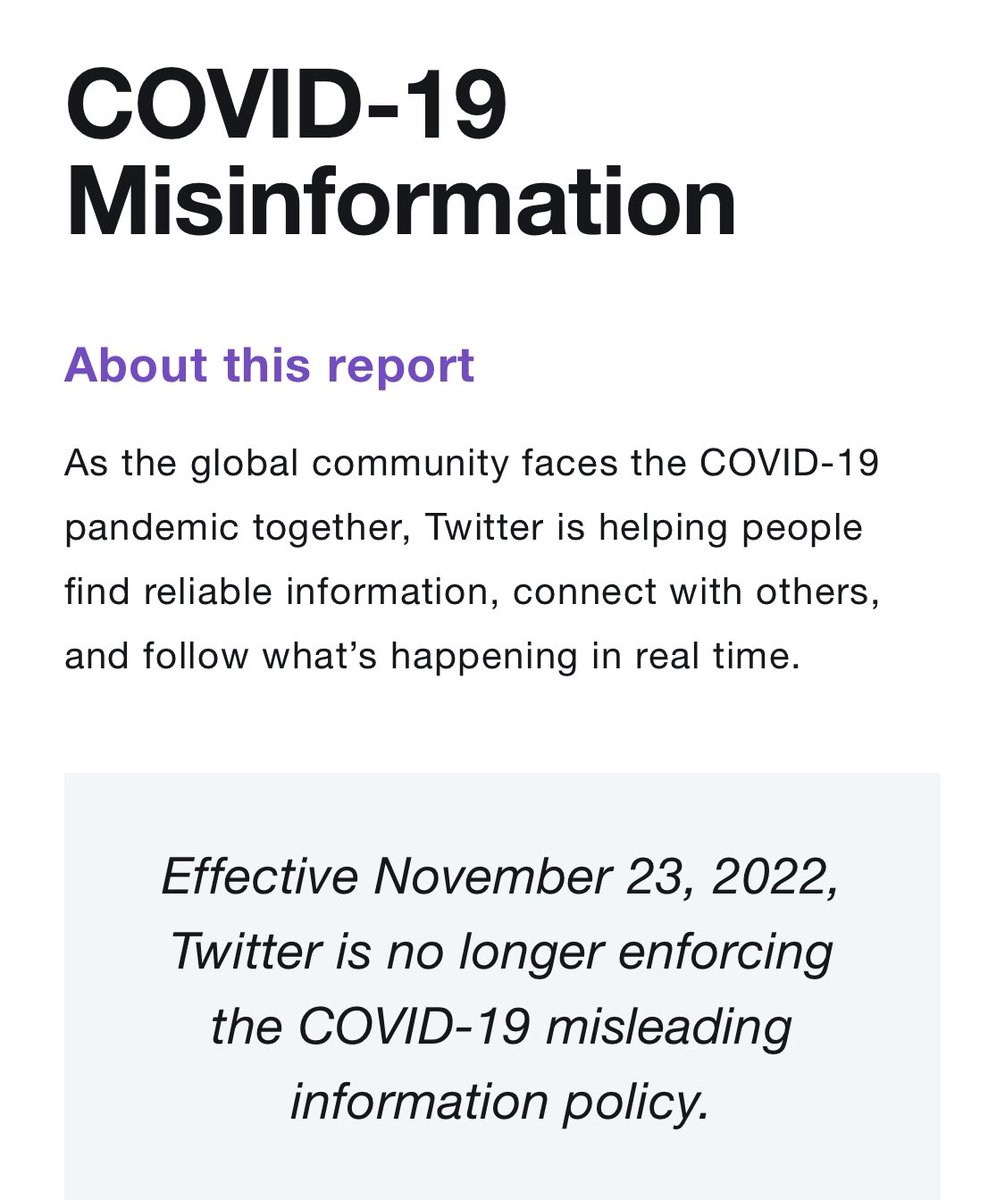 TheInsiderPaper's tweet photo. NEW 🚨 Effective November 23, 2022, Twitter is no longer enforcing the COVID-19 misleading information policy. https://t.co/fs5PJJAlHH