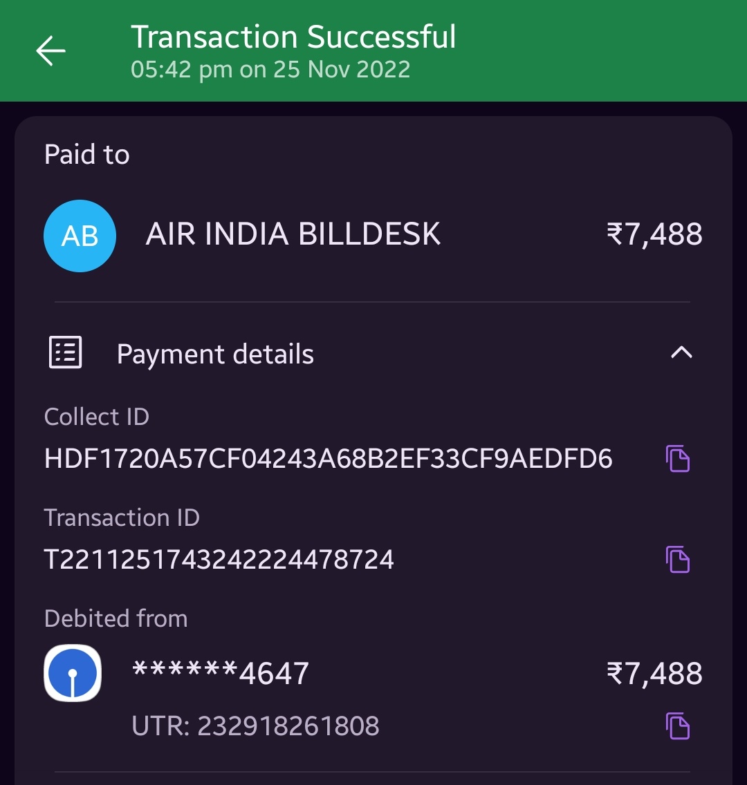 iam_rjkumar's tweet photo. @airindiain My transaction of amount 7488 Rs was done to book flight from DEL to BOM on date 25.11.2022. Transaction was done successfully but ticket was not issued. And refund is not done till date. How much time it takes to refund ..? https://t.co/3aHwa6EpiX