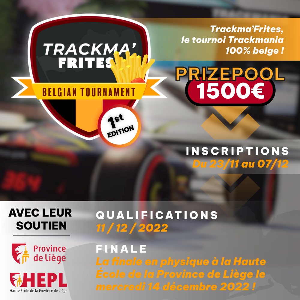 Participez à #TrackmaFrites, un tournoi #TrackMania du 11 au 14 décembre prochain, organisé par le consortium #frites en soutien avec la <a href="/ProvincedeLiege/">Province de Liège</a>. 🇧🇪🏎️

Qualifications en ligne et finale en présentiel !  👏

Infos 👉 tinyurl.com/2p8mj853