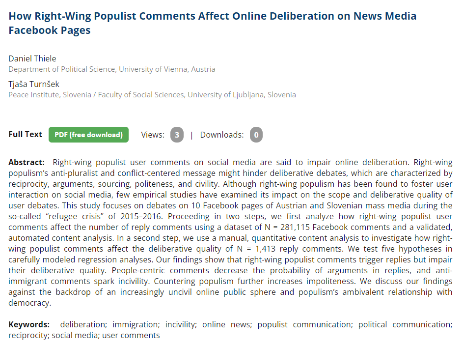 🚨Publication Alert🚨

How do right-wing populist user comments affect online deliberation?
 
Tjasa Turnsek and me show in @CogitatioMaC that populist FB comments stir replies but impair their deliberative quality: 
doi.org/jnx5

#polcomm #populism #css #textasdata