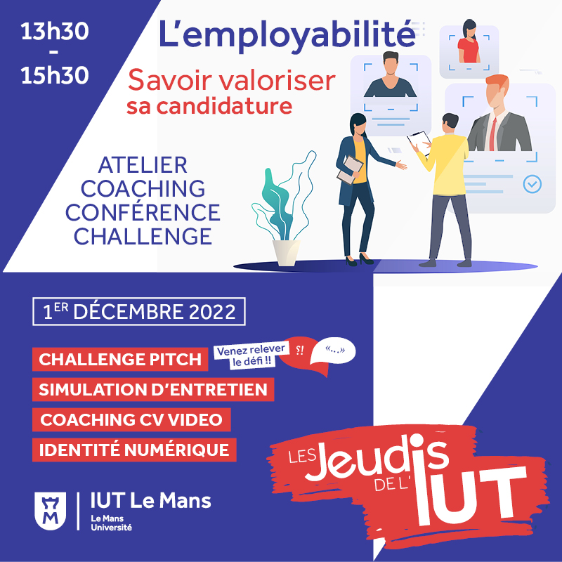 Ce jeudi on vous propose pas mal de choses pour améliorer votre employabilité ! #lesjeudisdeliut
Il reste des places aux ateliers :
- CV en vidéo
- Simulation d'entretien d'embauche
- Coaching avec le groupe OUI CARE
>>> ÉTUDIANTS >>> Inscrivez-vous via le lien reçu par mail ;)