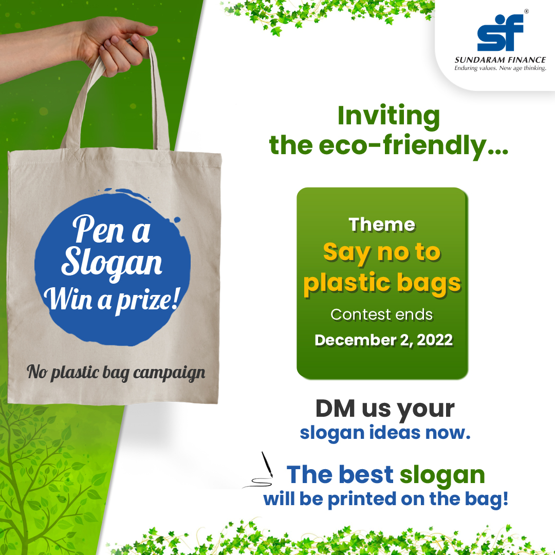 sfcorpcomm's tweet photo. If you are eco-friendly and expressive, this slogan contest is for you. Share your slogan ideas of not more than 5 words and get a chance to win an exciting prize!

DM us your slogan ideas now!

#ecofriendly #ContestAlert #noplastic #slogancontest #sundaramfinance https://t.co/BxG8vy8JXw
