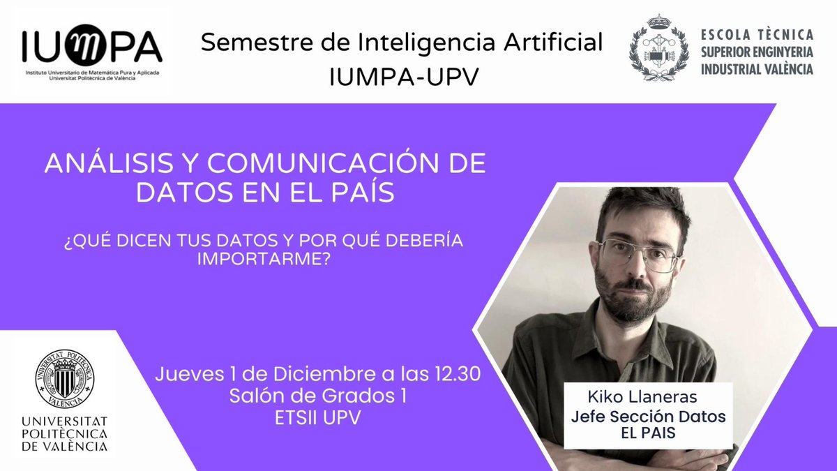 Este próximo jueves 1 de diciembre a las 12.30, Kiko Llaneras (<a href="/kikollan/">Kiko Llaneras</a>) impartirá, en la ETSII de la <a href="/UPV/">Universitat Politècnica de València</a>, la siguiente sesión del Semestre de IA del <a href="/iumpa_upv/">IUMPA</a>. Tienes toda la info en: iumpa.webs.upv.es/semestre-temat…
