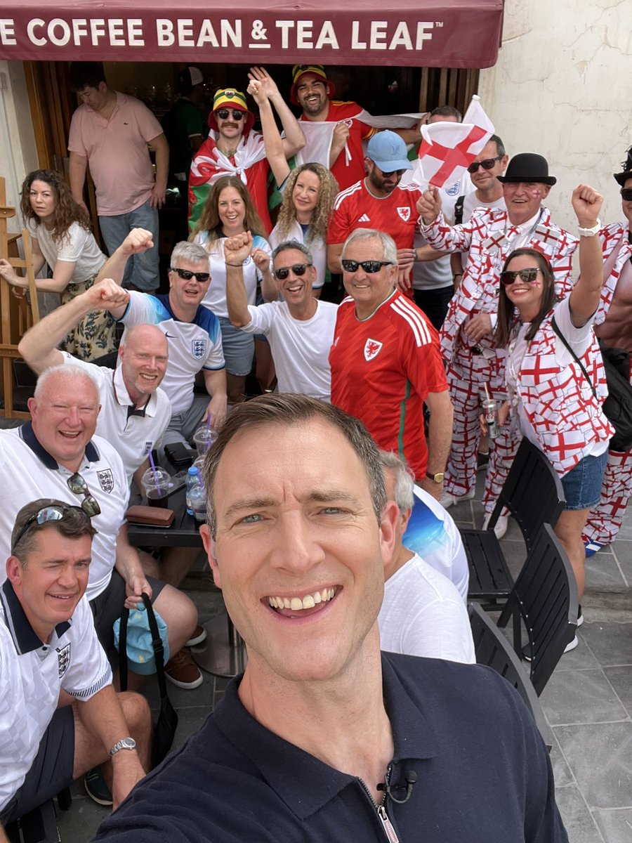 JohnWatsonSport's tweet image. Great atmosphere amongst the @FAWales and @England fans here in Doha on @BBCBreakfast this morning… 
How are you feeling ahead of the game?! #WalesvsEngland #FIFAWorldCupQatar2022