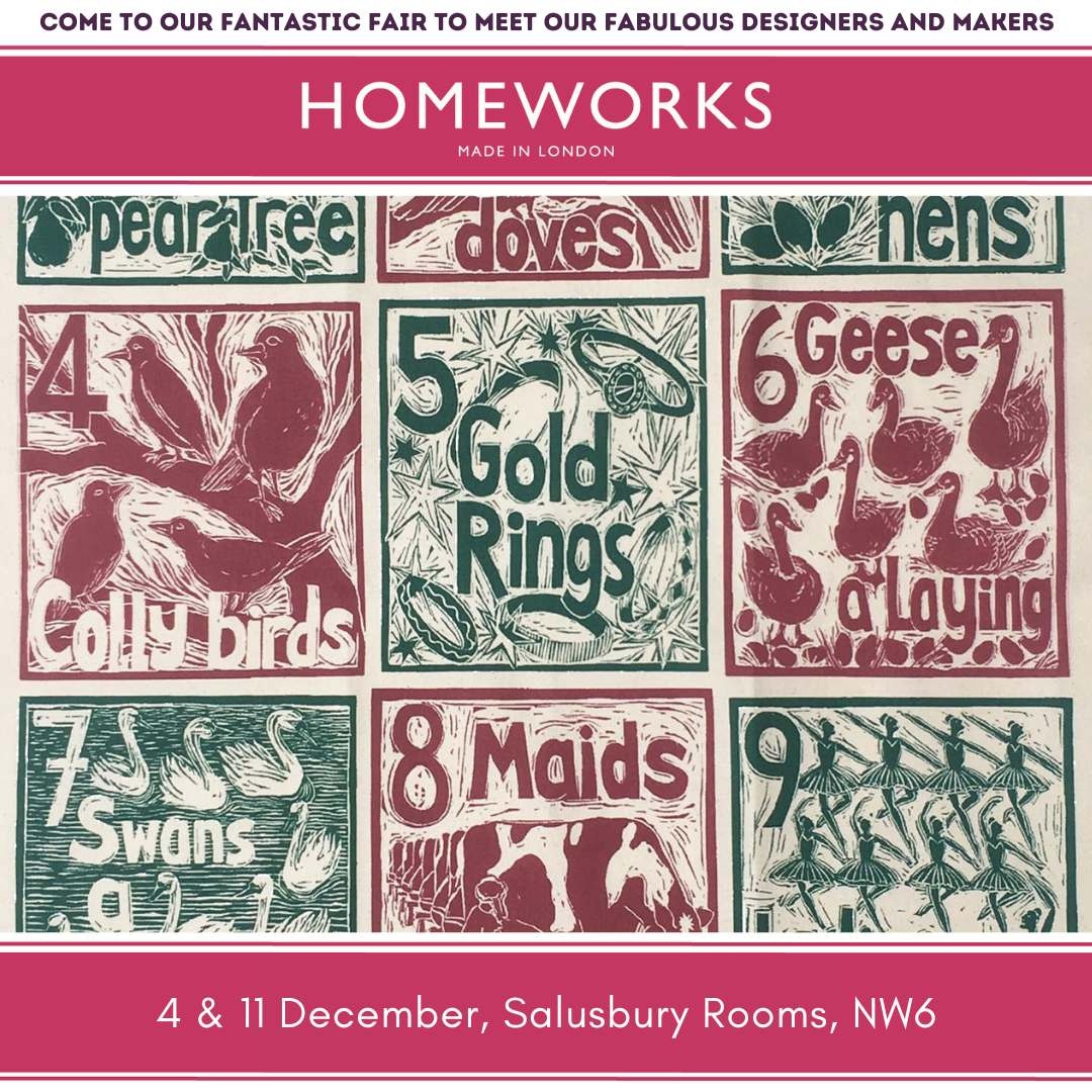 thisishomeworks's tweet photo. Local illustrator and designer Kate Guy returns to @thisishomeworks  this year with her distinctive linocut print organic cotton homewares. 

Homeworks fair, Salusbury Rooms, NW6 (next to Queen's Park farmers' market) on 4 &amp; 11 December,10 - 2. 
⁠
#BuyLessBuyBetterBuyHandmade https://t.co/4srp3qgzx6