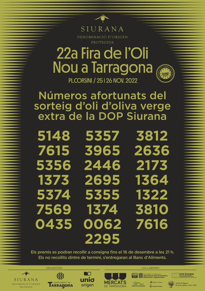 GUANYADORS 🌱 | Aquests són els número afortunats del sorteig d'oli oliva verge extra de la <a href="/DOP_Siurana/">DOP Siurana</a> 😁. Els premis es poden recollir fins el dia 16/12 a la consigna del <a href="/tarragonamercat/">Mercat Central Tarragona</a>. Enhorabona als premiats! 🙌