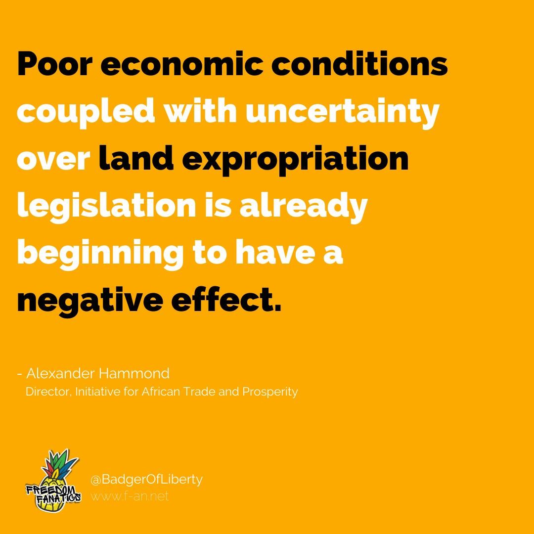 BadgerOfLiberty's tweet photo. "Poor economic conditions coupled with uncertainty over land expropriation legislation is already beginning to have a negative effect." - Alexander Hammond
#FreedomFANatics #Freedom #Liberty #SouthAfrica #PropertyRights https://t.co/OskNdFToxM
