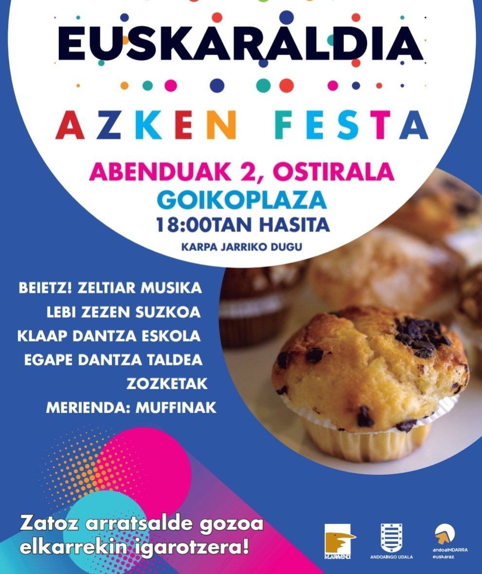 Ostiral honetan, abenduak 2, <a href="/euskaraldia/">EUSKARALDIA</a> -ren azken festa Goikoplazan!
- Muffinak🧁
- Klaap eta Egaperen dantza saioak🤸‍♀️
- Trikitilariak🎶
- Zezen suzkoa 🐃🔥
- <a href="/beietz/">Beietz!</a> taldearen kontzertua
- Zozketak🎫🎁

Animatu!
<a href="/AndoaingoUdala/">Andoaingo Udala</a> <a href="/LBazkuna/">Larramendi Bazkuna</a> <a href="/AndoainEuskaraz/">AndoaindarraEuskaraz</a>