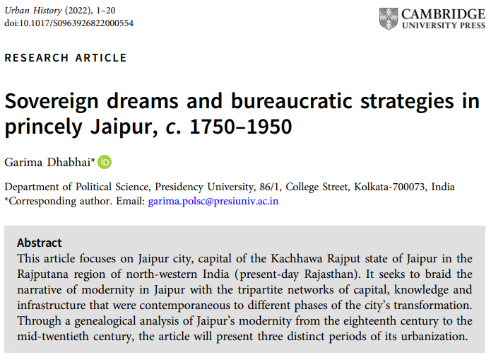 UrbanHistoryCUP's tweet photo. 📢 Out now on #FirstView

Garima Dhabhai, 'Sovereign dreams and bureaucratic strategies in princely #Jaipur, c. 1750–1950'

🔗 https://t.co/8jV8Pw3LBy #UrbanHistory https://t.co/rLsFCnkt17