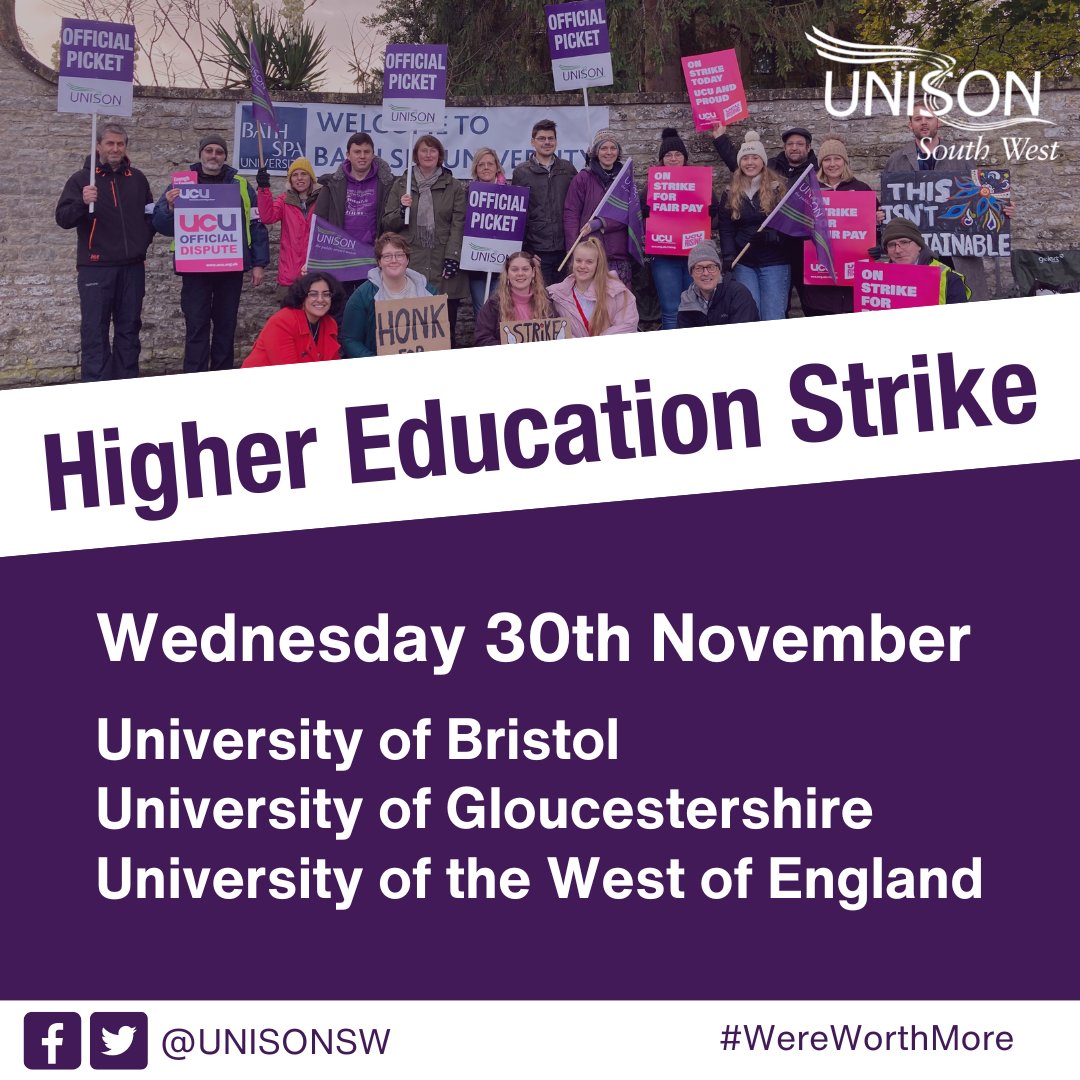 🚨 Here's the line up for tomorrow's higher education strike 🚨 - @UNISON_Bristol - @GlosUniUNISON - @UWEUNISON We rise with @Bristol_UCU, @UCUatUWE and @UCUglos ✊🏼 #WereWorthMore #ucuRISING