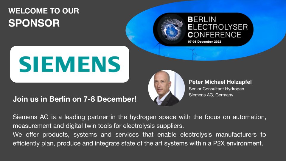 We are delighted to announce that <a href="/SiemensDE/">Siemens Deutschland</a> is supporting our Berlin #Electrolyser Conference and look forward to a presentation about Siemens' track record in #P2X projects and the benefits of their portfolio in the #hydrogen ecosystem. electrolyser.redcabin.de