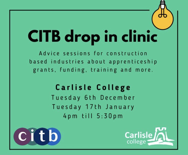 #cumbria #Construction #employers If you need help with any outstanding Apprenticeship paperwork required by <a href="/CITB_UK/">CITB</a> or <a href="/CarlisleCollege/">Carlisle College</a> then drop into one of our clinics below to get it sorted by myself, Vicky &amp; Craig