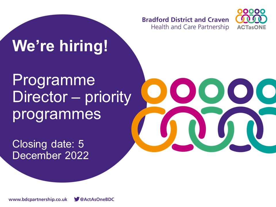 If you're looking for your next senior level role, then come join us! An exciting opportunity has come up to join our Bradford District & Craven Health & Care Partnership to lead on our priority programmes! More details are beta.jobs.nhs.uk/candidate/joba… Closing date: 5 December