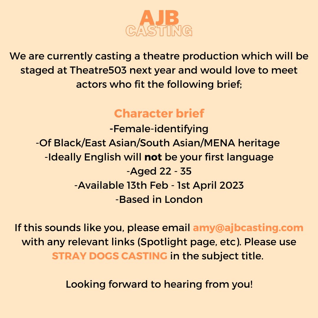 Please RT these casting calls for two wonderful roles in an exciting new play which will premiere at <a href="/theatre503/">Theatre503</a> next year! #RT