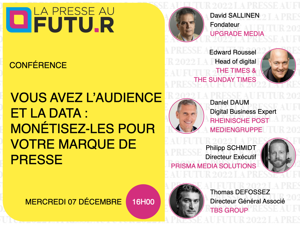 [CONFÉRENCE]
Apprenez à monétiser votre #audience pour votre #marque
Retrouvez 5 experts de la #presse européenne à #presseaufutur : <a href="/davidsallinen/">David Sallinen</a> <a href="/daum_daniel/">daniel daum</a> <a href="/edwardroussel/">edwardroussel</a> <a href="/philthebill77/">Philipp Schmidt</a> <a href="/thedudeondamix/">Thomas Defossez</a>
➡️bitly.ws/xbQr
#monétisation #data #diffusion #diversification
