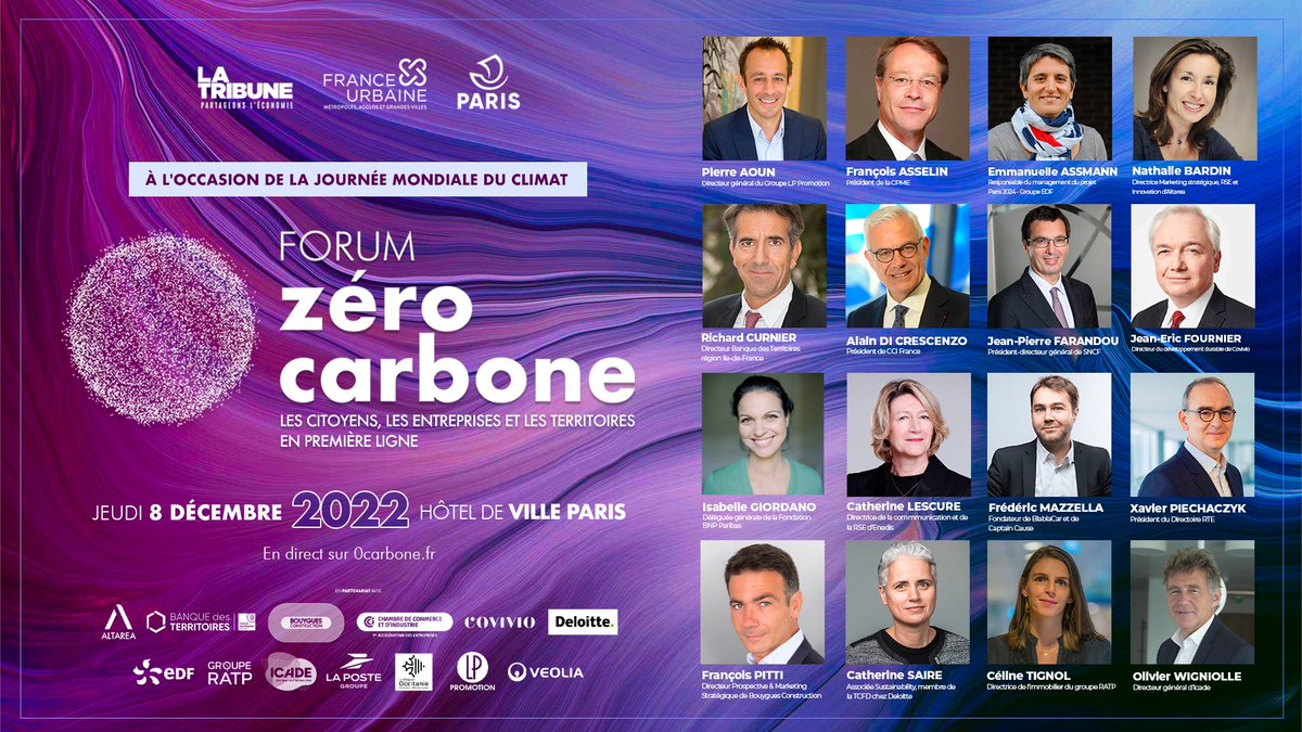#Climat : sommes-nous prêt pour le changement ? Rendez-vous le 8/12 au #ForumZeroCarbone à #Paris à l'occasion de la journée mondiale du #climat &amp; quelques jours après la #COP27 à l'Hôtel de Ville de #Paris à 8h
📌 Plus de 100 speakers seront présents
 👉bit.ly/3g0OWn9