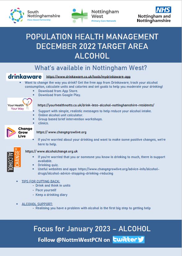 NottmWestPCN's tweet photo. Alcohol Awareness and support:

#alcoholawareness #selfcare 
@Drinkaware @yhywnotts @AlcoholChangeUK @CGLnotts @changegrowlive https://t.co/xrP1QbLrA8