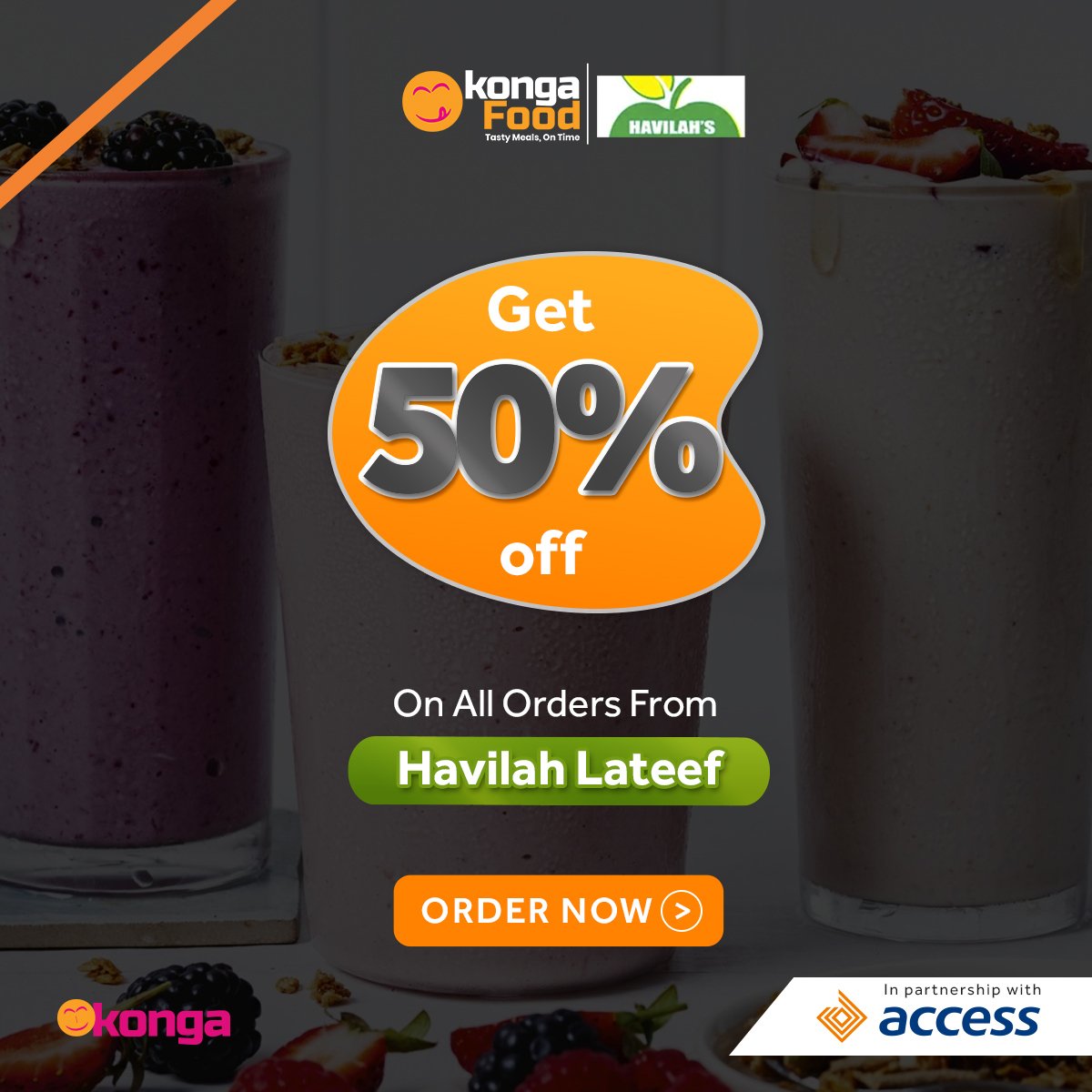 access_more's tweet photo. Hello Foodie fam!
Get your sumptuous meals at these amazing restaurants on the Konga Food App at a discount! Just make payment with your Access bank card to enjoy.
Offer is valid till the 12th of December.
#AccessMore #AccessKonga #Food https://t.co/Fa5d2hdVdW