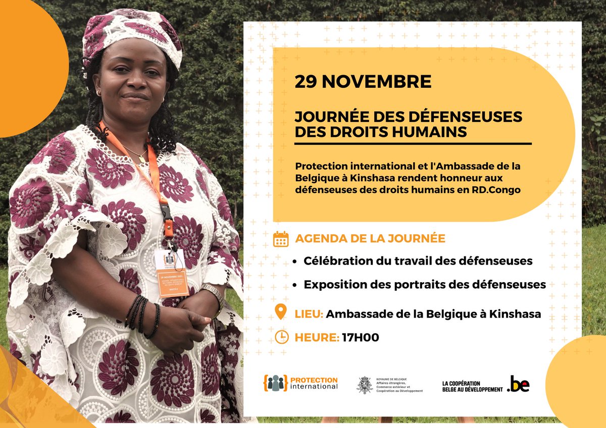 PI_AfricaHub's tweet photo. 🟠29 novembre, Journée des défenseuses des droits humains. Avec @BelgiqueRDCongo, nous organisons un événement à #Kinshasa pour rendre honneur aux femmes🇨🇩 qui militent pour la promotion, la défense et la protection des droits humains.
#StayWithDefenders
#16JoursdActivisme 👇 https://t.co/cAg2V5PhaU