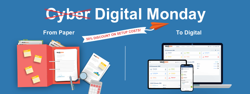 ValidSign's tweet photo. Cyber / Digital Monday🎉 
Start nu met ValidSign en ontvang 50% korting op de setupkosten bij afname van een abonnement. Deze actie loopt van maandag 28 tot en met 30 november 2022. Wacht niet langer en meld je aan via de link! ✅https://t.co/BflinUBVbs https://t.co/P8GzQW8Neu