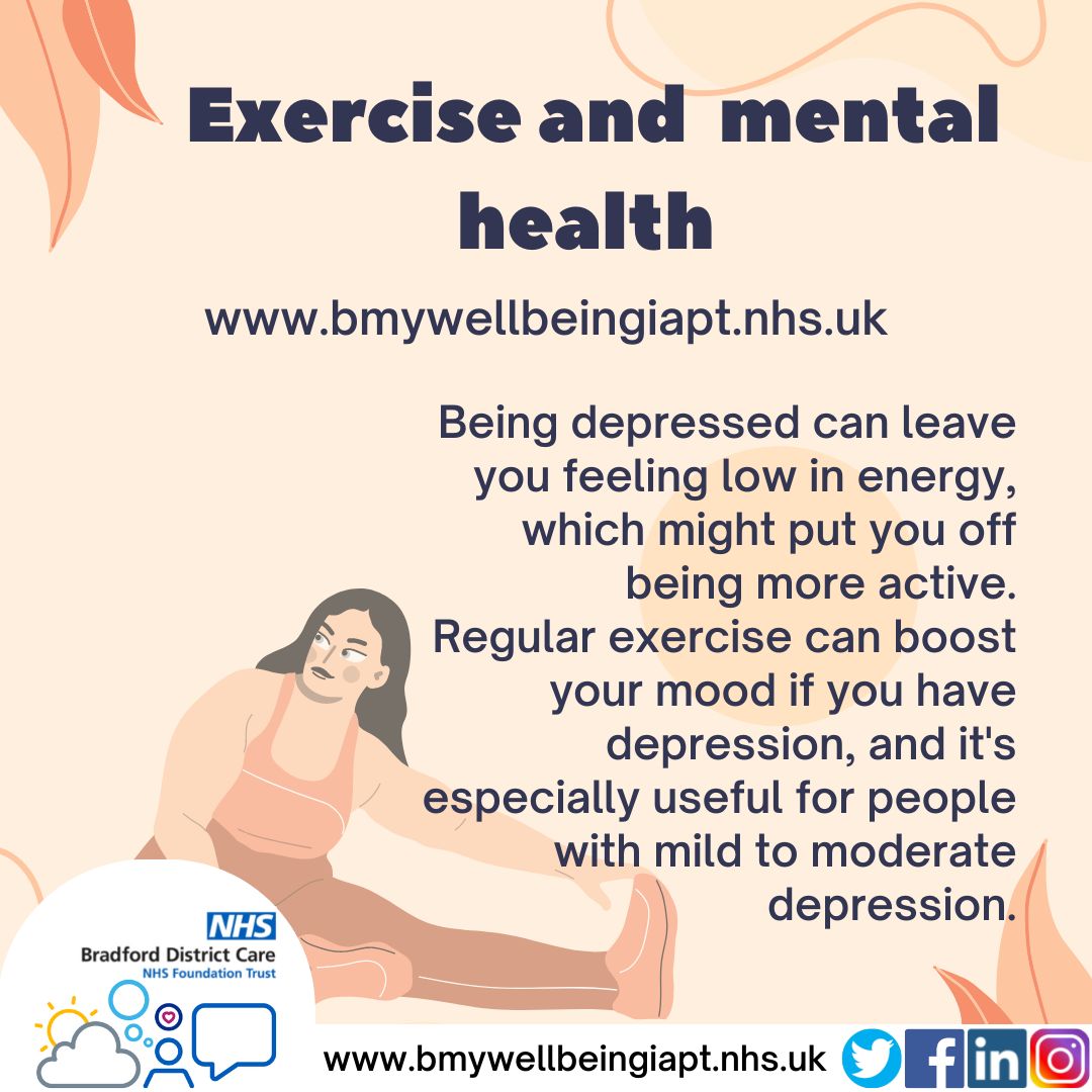 RT @MywellbeingIAPT: Regular exercise can boost your mood if you have #depression and it's especially useful for people with mild to moderate depression. Find an #activity you can do regularly and something you enjoy.  Visit   https://t.co/7yhvZYdPkM to find out more about the benefits for you @BDCFT