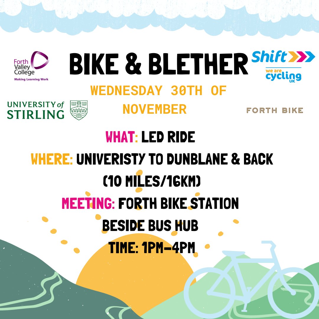 📣 Bike and Blether. Wed 30 November, 1-4pm. 🚲

Enjoy a cycle from the University over to Dunblane and back along the lovely 765 cycle route open to all University students and staff.