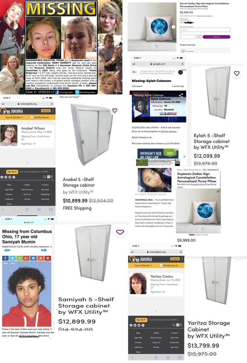 PatriotWatching's tweet photo. The Wayfair saga blew up because there were insanely priced storage cabinets & other items named after missing children. Similar to Balenciaga, there were also books in their photos with disturbing themes. #WayfairGate was broken by TommyG. It got his Twitter account suspended. https://t.co/QrcBXKNv0u