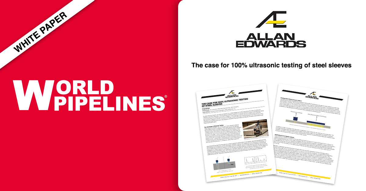 WorldPipelines's tweet photo. Click to read #AllanEdwards’ white paper: https://t.co/V6Tesf2pgL 

This paper discusses #AllanEdwards’ new addition of a fully automated Phased Array Ultrasonic Testing (PAUT) machine to its manufacturing specification for #SteelRepair
sleeves.

Download your free copy today! https://t.co/SXj50jatGo