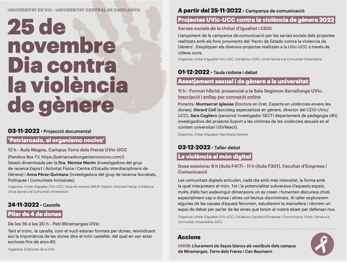 Aquesta setmana tenen lloc a la <a href="/uvic_ucc/">UVic-UCC</a> els darrers actes al voltant del #25N organitzats amb <a href="/u_igualtat/">Unitat d'Igualtat i Diversitat UVic-UCC</a>. Divendres, a les 9 i a les 11 em podreu trobar fent el taller-debat 'La violència al món digital', on abordarem causes i eines d'aquest fenomen virtual. Obert a tothom!😄