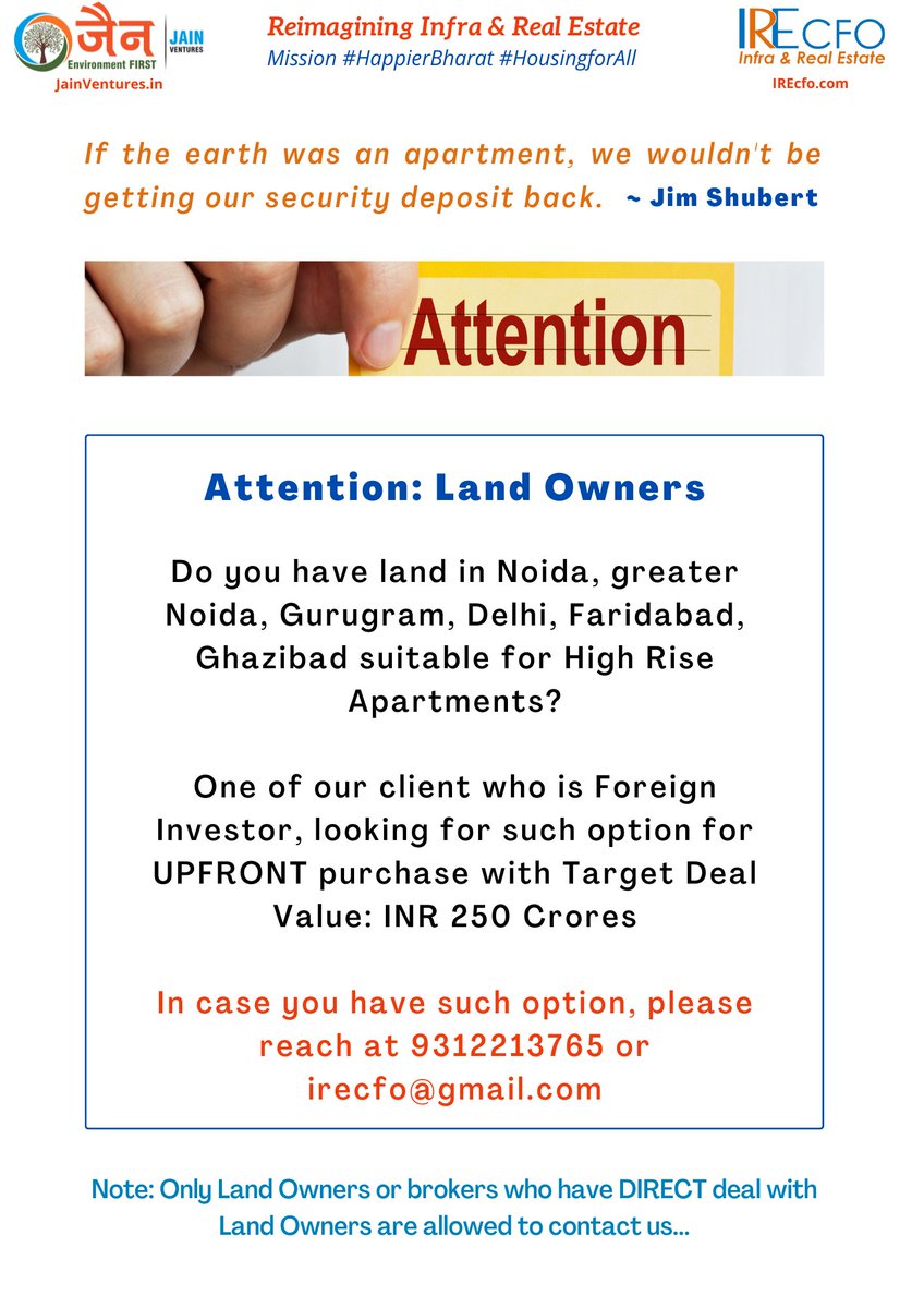 CFO4SME's tweet photo. We are looking for land parcel suitable for High Rise Apartments at prime location in Delhi Ncr for one of our Premium Cusomer who is ForeignInvestor 
Target DealValue INR 250 crores

Interested persons may reach at 9312213765 or irecfo@gmail.com
#ValueIntel https://t.co/ZLRAsWBaCH