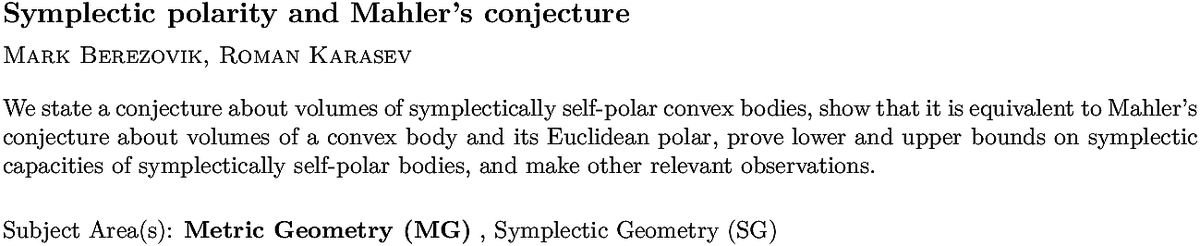 arxiv.org/abs/2211.14630…
M Berezovik, R Karasev
Symplectic polarity and Mahler's conjecture