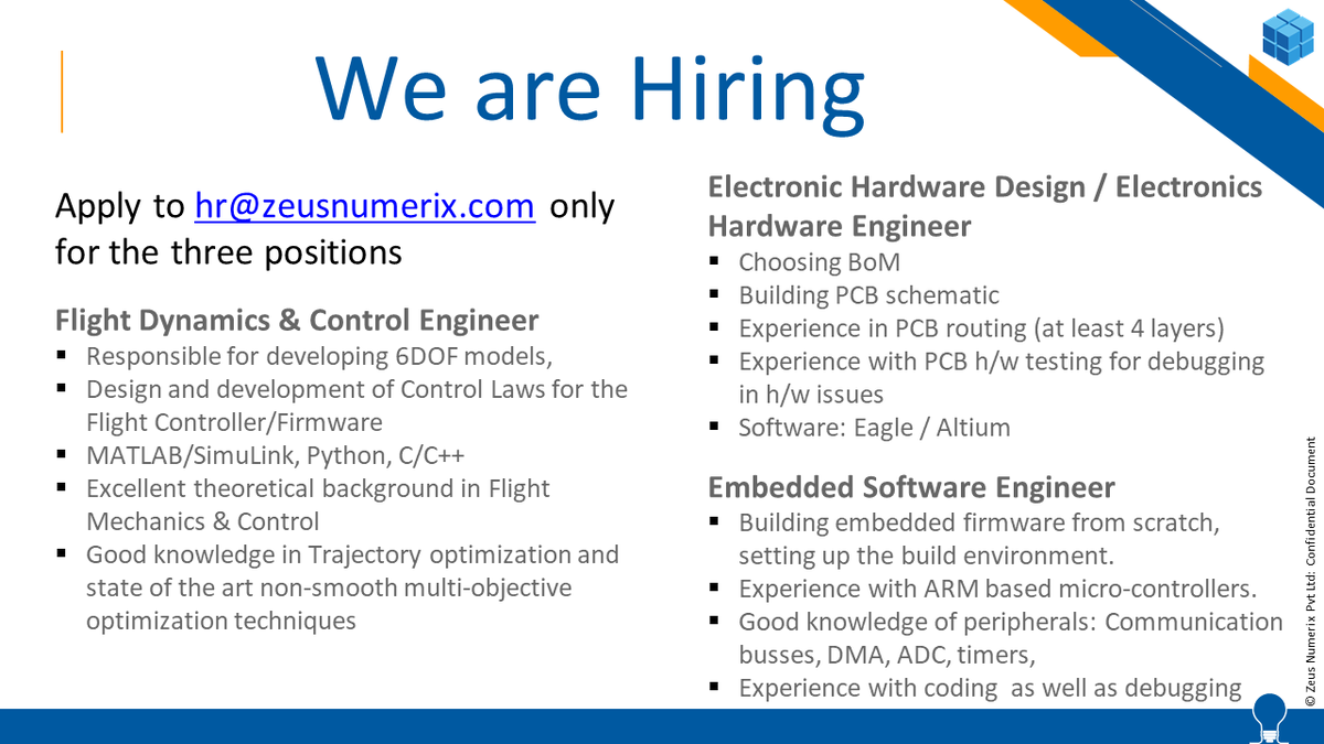 ZeusNumerix's tweet photo. @Zeus_Numerix is hiring for three roles (1) Flight Dynamics and Control Engineer (2) Electronic Hardware Design / Electronics Hardware Engineer (3) Embedded Software Engineer. Interested candidates please apply to hr@zeusnumerix.com
#Hiring #PrecisionGuidance #rocketscience https://t.co/epwSrIarE5