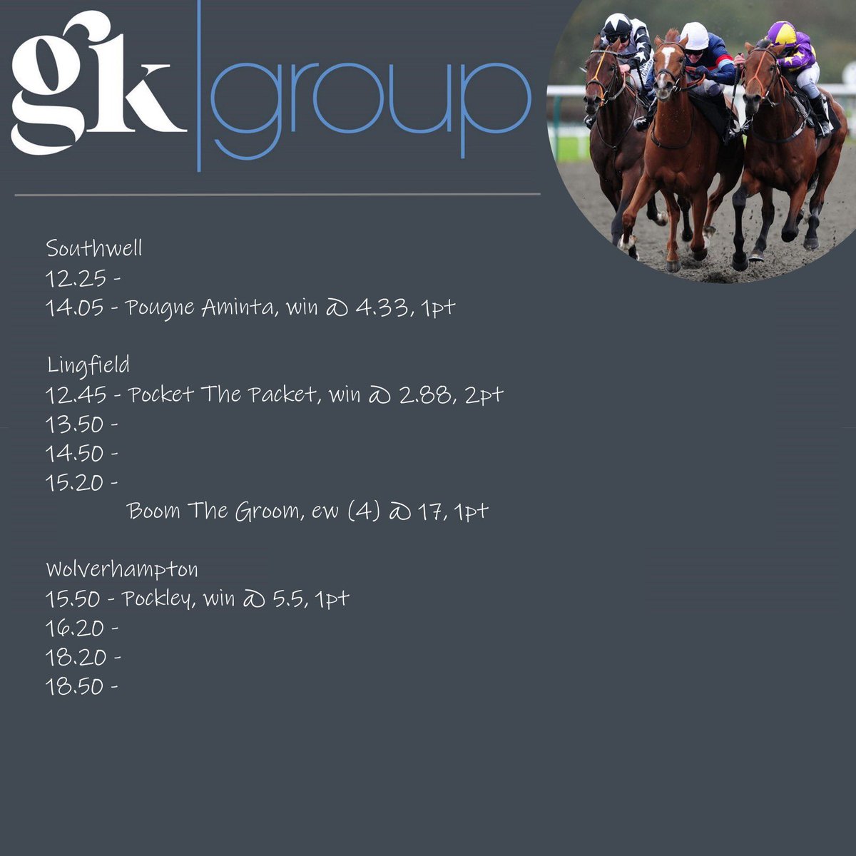 GKGrouptips's tweet photo. Morning All

A few freebie #horseracingtips for today

If you want the full list of todays tips drop a few quid in our tip jar #cashapp £gktips 

Good luck if you are having a bet today

🐎🐎🐎🐎🐎🐎🐎🐎🐎🐎🐎🐎 https://t.co/K3wkogPdZY