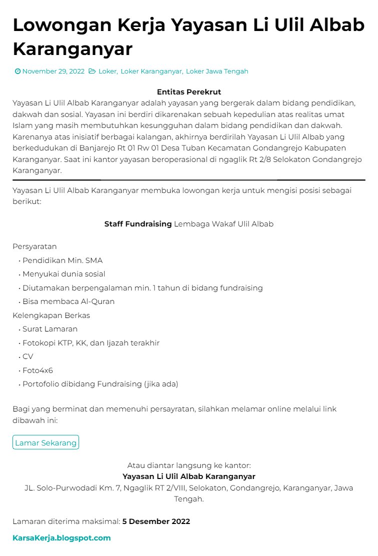 KarsaKerja's tweet photo. Lowongan Kerja Karanganyar di Yayasan Li Ulil Albab Karanganyar, posisi Staff Fundraising.
Batas penerimaan: 5 Desember 2022
Lihat: https://t.co/qw0EPAqkYs

#infoLoker #lokerKaranganyar #lokerJawaTengah https://t.co/GFszIs1dhm