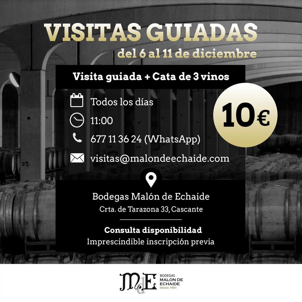 ¿Buscas plan para la semana que viene?

Del 6 al 11 de diciembre, visitas guiadas a la bodega con cata de 3 vinos por 10€

🗓 Todos los días a las 11:00
✅ Imprescindible inscripción previa
Consulta disponibilidad:
📲677 11 36 24 (WhatsApp)
✉️ visitas@malondeechaide.com