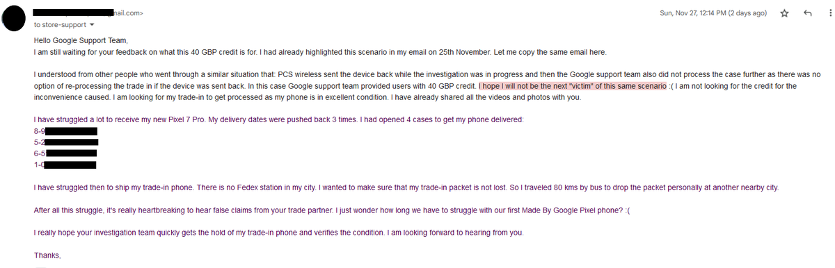 pvptwits's tweet photo. @madebygoogle Trade-in fiasco. PCS lying abt condition of screen. Opened case, shared pics &amp; videos with support. Now support team refuse to take responsibility &amp; giving 40£ credit cause trade-in device is sent back. Exactly like I had warned them to not to do. Help! @GoogleDE @sundarpichai https://t.co/v2mSgIrw2X