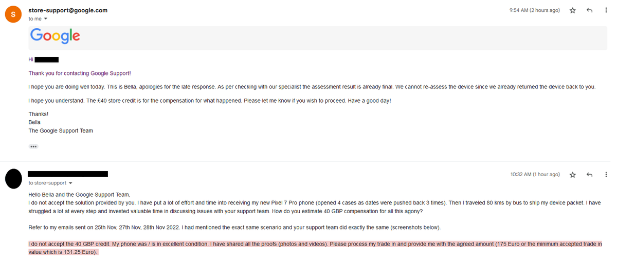 pvptwits's tweet photo. @madebygoogle Trade-in fiasco. PCS lying abt condition of screen. Opened case, shared pics &amp; videos with support. Now support team refuse to take responsibility &amp; giving 40£ credit cause trade-in device is sent back. Exactly like I had warned them to not to do. Help! @GoogleDE @sundarpichai https://t.co/v2mSgIrw2X