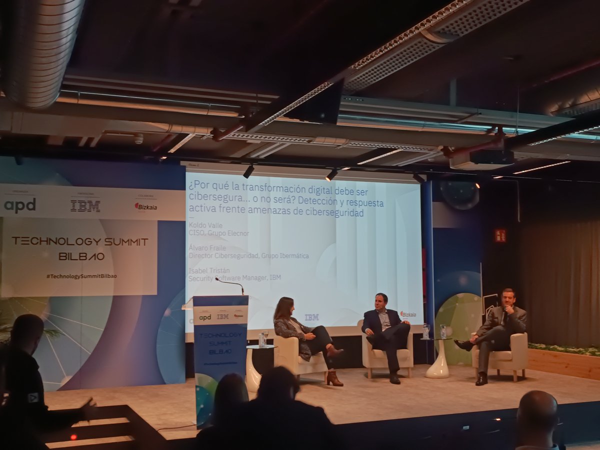 ItxasoGarciaRio's tweet photo. Arrancamos la segunda parte de la jornada con la #Ciberseguridad, porque la transformación digital debe ser segura… o no será. Participan Koldo Valle de @GrupoElecnor, Álvaro Fraile de @ibermaticagrupo e Isabel Tristán de @IBM_ES. https://t.co/IhXn3Sh2AX