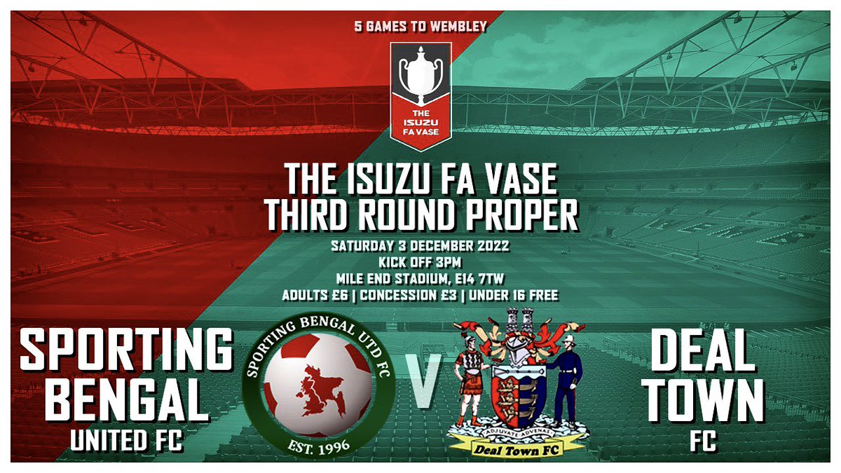 🏆 FA Vase | Third Round Proper
🆚 <a href="/DealTownFC/">Deal Town FC</a> 
🗓️ Saturday 3 December
⏰ 3pm Kick Off
📍 Mile End Stadium, E14 7TW
🎟 Adults £6, Conc £3, U16s FREE

🐯
