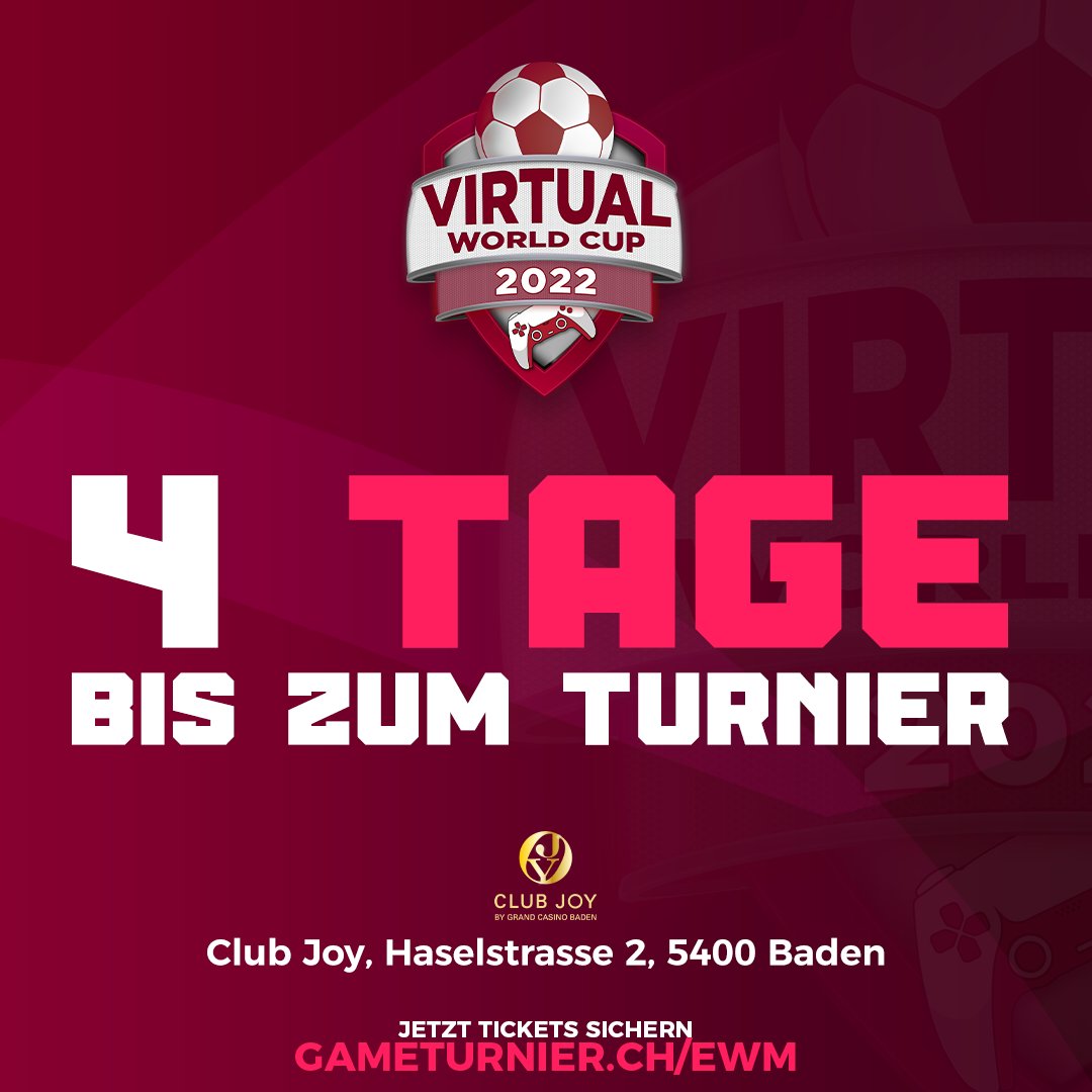 GameTurnier's tweet photo. Noch 4 Tage bis zum Virtual World Cup 2022🏆
Jetzt Tickets sichern: https://t.co/0cvQW8Gp7k
⚠️ TEILNAHME AM TURNIER AB 18 JAHREN ⚠️
#fifa #fut #fifa23 #ps5 #turnier #ultimateteam #futlegends #virtualworldcup2022 #wm2022 https://t.co/Xm6giZvDDz