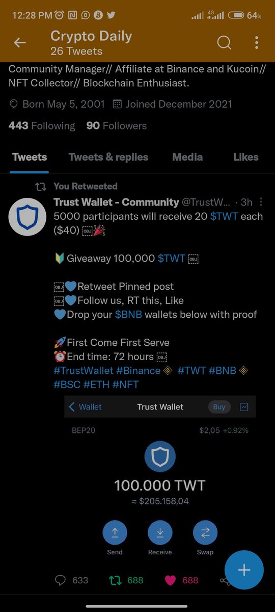 cryptodailyone's tweet photo. @TrustWallet_CW 0x8722E923Ca182b3f93a06D7229aE330ca787F2b9
Bep20 TWT address. https://t.co/ETIO3LfIRQ