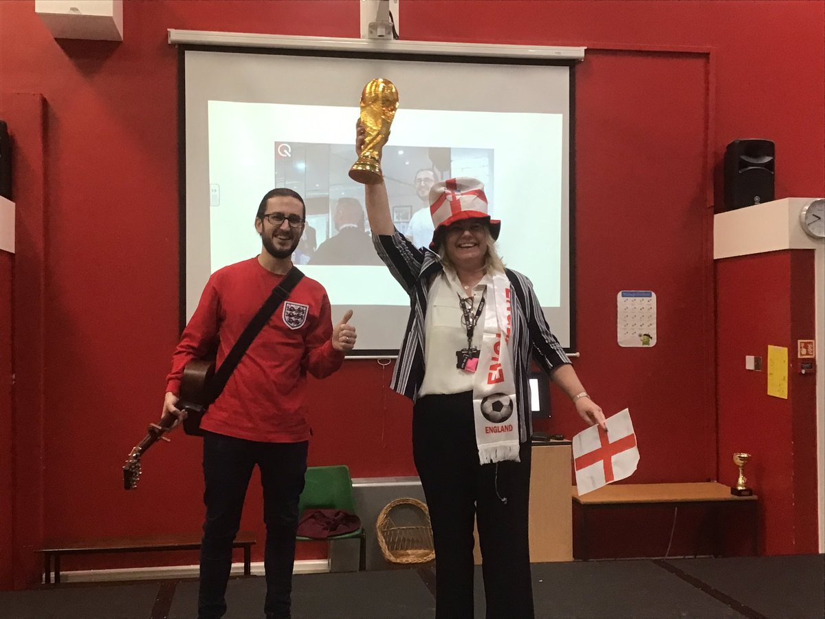 MoorsidePA's tweet photo. The morning we had a visit from local Barber and songwriter George White. George has created an uplifting song to support #TheThreeLions called ‘Up The England’. We loved singing along and and waving our flags to show support @MoorsidePrinci1 @MoorsideMusic #MoorsidePAMusic https://t.co/rkcqgWiWha