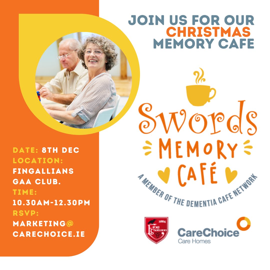 Fingallians's tweet photo. We are delighted to our announce that the first meet up of the Swords Memory Café will take place on the 8th of December in the club (in conjunction with CareChoice and Dementia Café Network). Please spread the word to those in the wider community that you think may be interested https://t.co/2a2KY84Irc