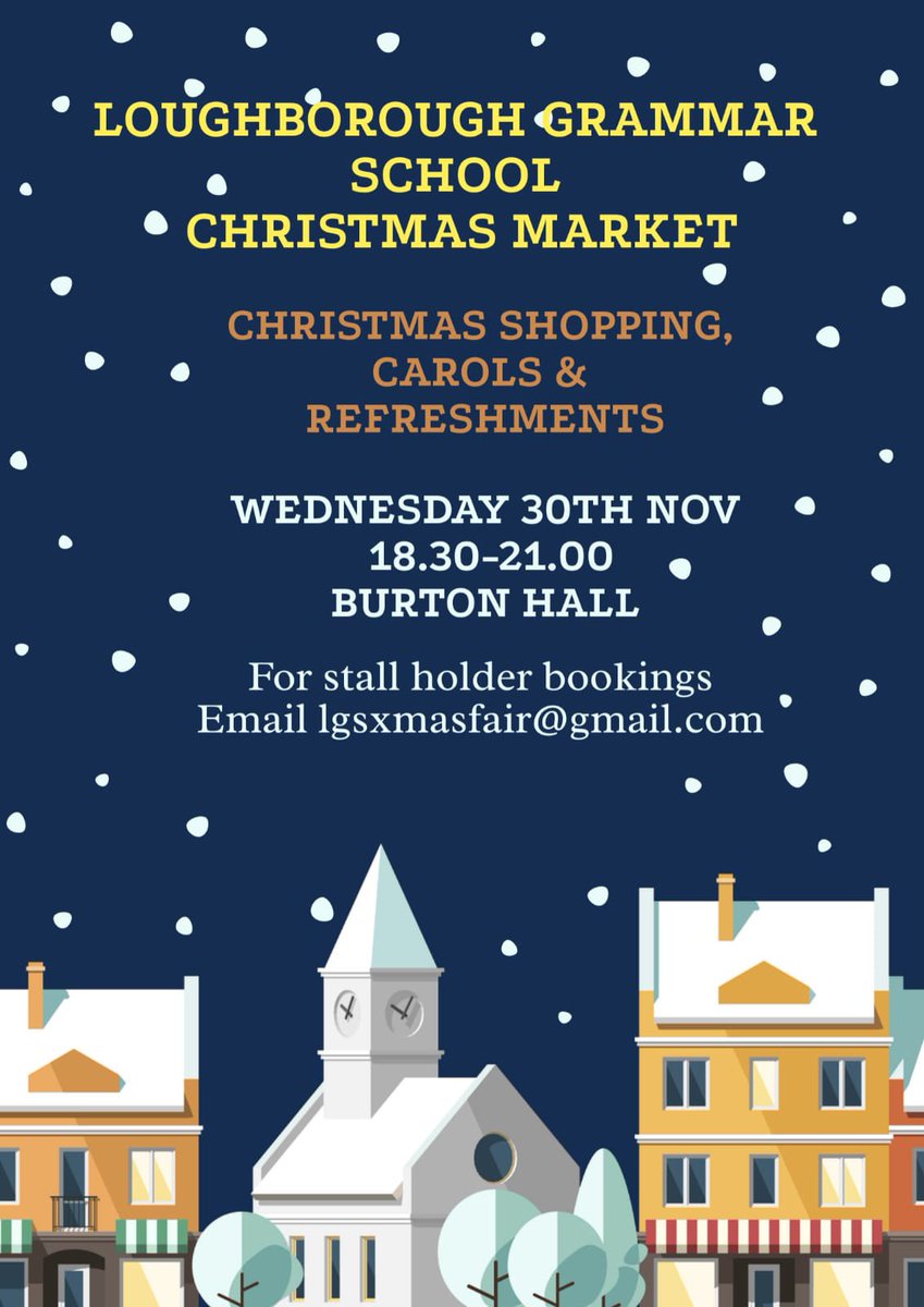 Tomorrow is our Christmas Market!!!  The hall will be full of stalls all with fantastic Christmas gift ideas.   Mulled wine and mince pies too .... <a href="/LboroGrammar/">Loughborough Grammar School</a> <a href="/Weaverswines/">Weavers Wines</a> <a href="/charnbrew/">Charnwood Brewery</a> <a href="/ruddyfinegin/">ruddyfinegin</a>