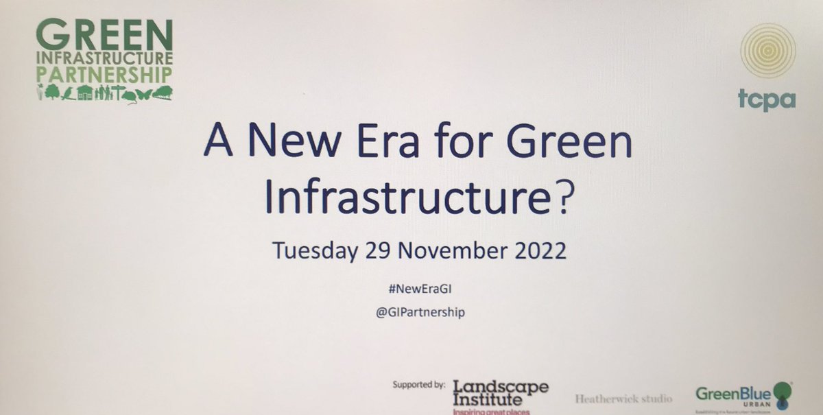 A really interesting series of talks taking place today by <a href="/theTCPA/">Town & Country Planning Association</a> putting an emphasis on the importance of GI. The value of local authority policy/ implementation of GI is clear. Also I think <a href="/NALC/">NALC</a> local councils need to be encouraged to implement GI in communities. #NewEraGI