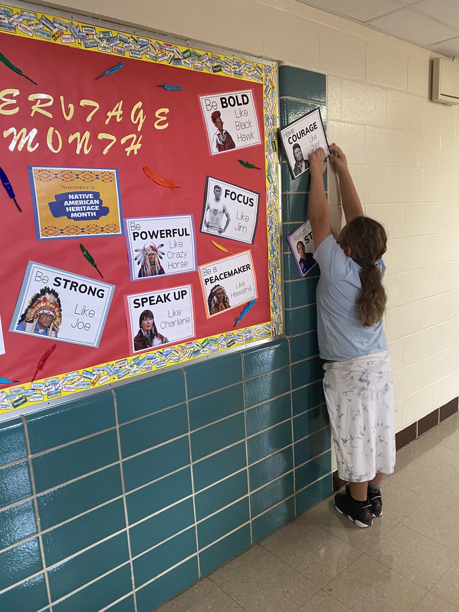 AndreaFosterLib's tweet photo. Library leaders decorate bulletin board for Native American Heritage Month @BlantonES @aisdlibsrv https://t.co/N3GKJuEVKc
