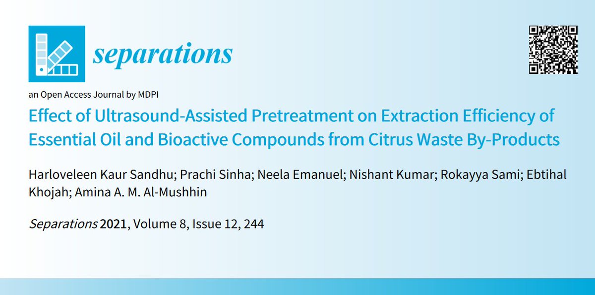 Sep_MDPI's tweet photo. #RecommendedPaper #2021Paper
Effect of #Ultrasound-Assisted Pretreatment on #Extraction Efficiency of Essential Oil and Bioactive Compounds from Citrus Waste By-Products
👉https://t.co/mlURAxCWKC
@ChemMatSci_MDPI
#bioactivecompound https://t.co/vn4Gi4HEeL