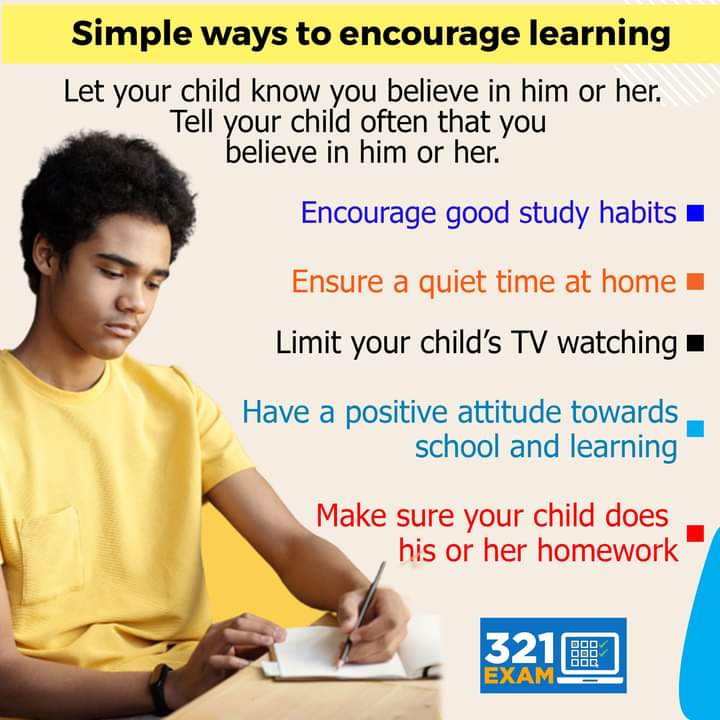 321_exam's tweet photo. Simple Ways to Encourage Learning.

💚 Let your child know you believe in him or her. Tell your child often that you believe in him or her.

💚 Encourage good study habits.

💚 Ensure a quiet time at home.

💚 Limit your child's TV watching. https://t.co/AvULKmJakW